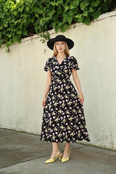 Siyezen Floral Patterned Midi Length Black Dress