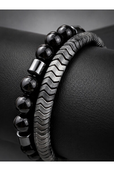 Takıtolia Kross Black Natural Stone Metallic Tone Double Bracelet Set Men's C...