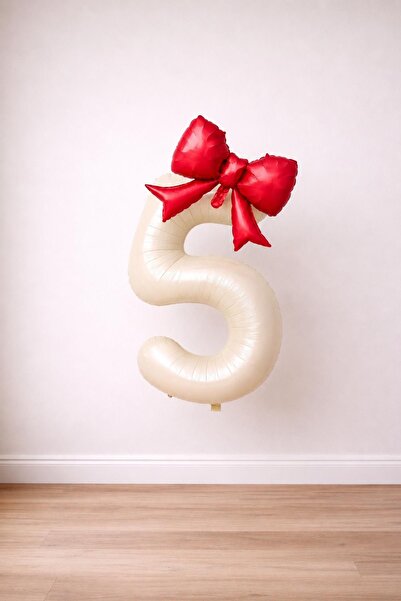 Patladı Gitti Red Bow & Cream 5 Number Foil Balloon Set