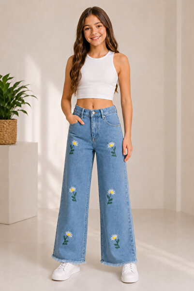 NAWİ 32004-26 Girl's Daisy Embroidered Wide Leg Jean Pants with Tassel Legs