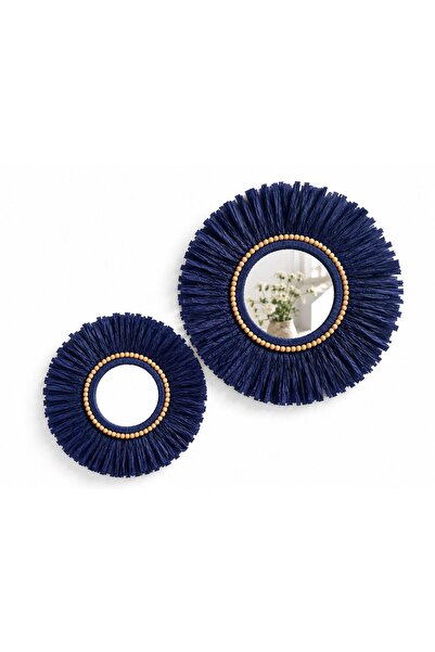 Home Bohem Handmade 2'li Set Ahşap Boncuklu Aynalı Doğal Lacivert Rafya Duvar...