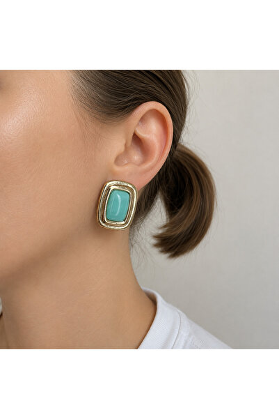 nerora Rectangular Button Model Vintage Earrings Colorful Stone Gold Blue Tur...