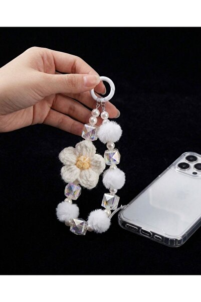 Beksy Accessory Beyaz Örgü Çiçekli Peluş Ponponlu Telefon Arkası Askısı Boncu...