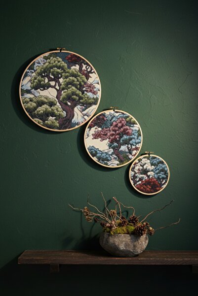 Mr Dekor Goblen Kasnak 3'lü Tablo Seti Bonsai Desenli Vintage Duvar Dekoru
