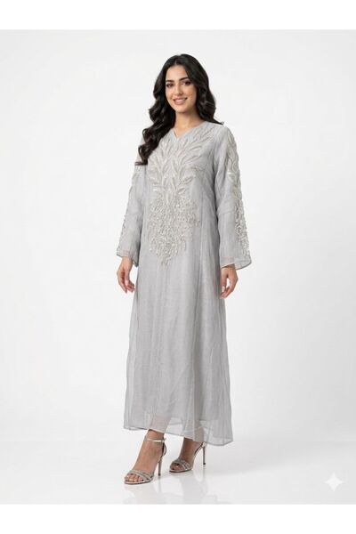 DAY BY DAY Women's Embroidered Sequin and Bead Embellished Quilted Abaya
