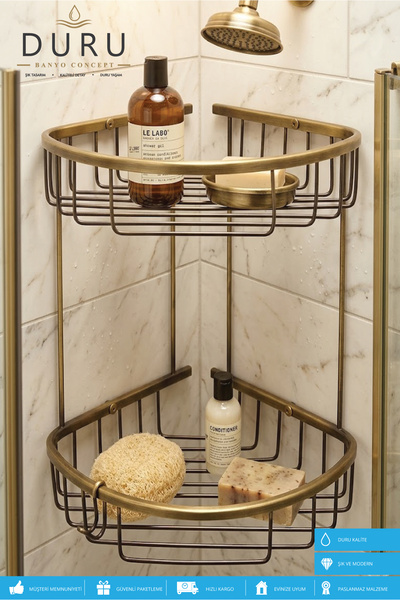 DURUBANYOCONCEPT PRİNÇ ANTİK EKİTME KAPLAMA BANYO KÖŞE RAFI ŞAMPUANLIK İKİ KATLI