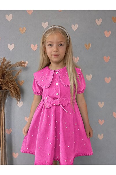 DUDOR KİDS Girls' Pearl Pink Denim Dress/Jeans Dress - Holiday Collection