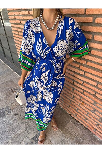 Moda Banuş Ethnic Pattern Blue Side Slit Midi Dress