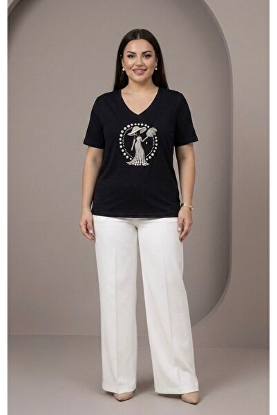 SİBELİZE V-Neck Pearl Stone Embroidered Premium T-Shirt with Female Figure on...