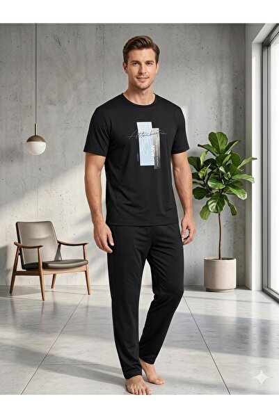 fameshomewear Summer Men's Short Sleeve Black Combed Cotton Pajama Set