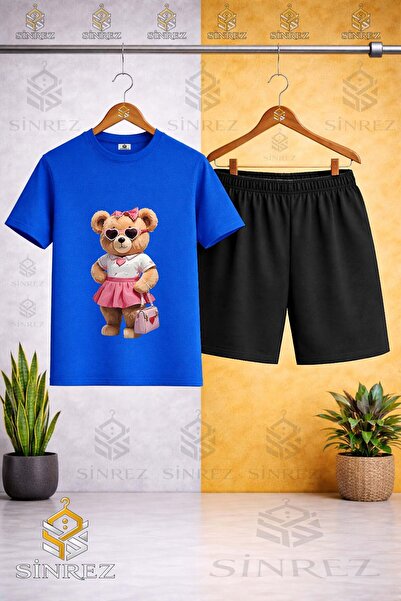 SİNREZ Tricou cu imprimeu CANTA cu decolteu rotund și fustă roz ursuleț - Set...