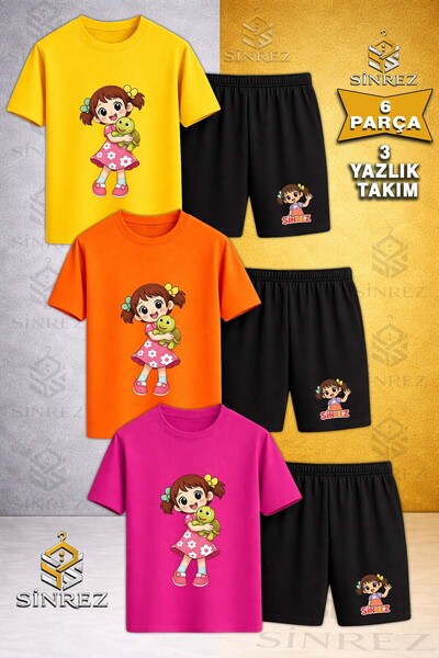 SİNREZ 3-Piece Kids' Girls' Turtle Printed Crewneck T-Shirt - Shorts Set