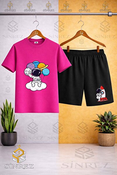 SİNREZ Tricou imprimat cu guler rotund ASTRONAUT CLOUD HANDS PLANETS - Set pa...