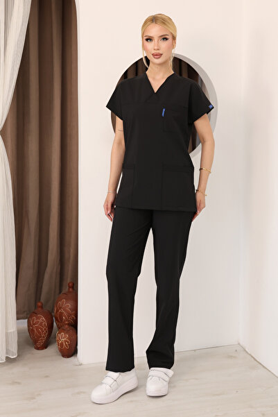 deqfashion Unisex Siyah Premium Scrubs Takım Leke Tutmaz Likralı Hemşire Dokt...