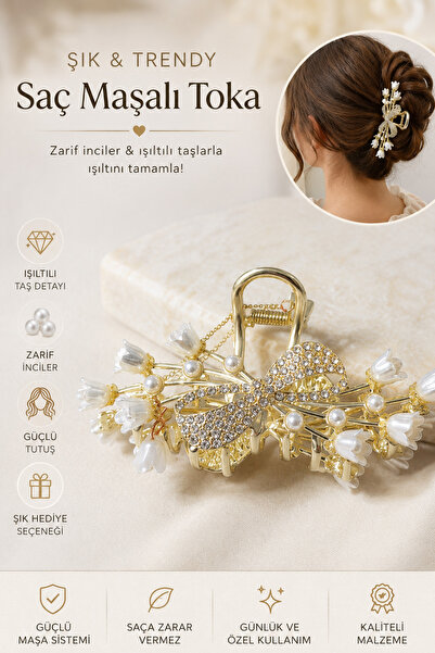 Trend Mix Kids Pearl and Stone Bow Detailed Hair Clip Gold Color Stylish Clip...