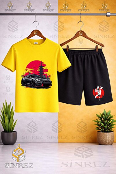 SİNREZ Crew Neck Car Syh Tokya Daire Onunde Printed T-Shirt - Shorts Set