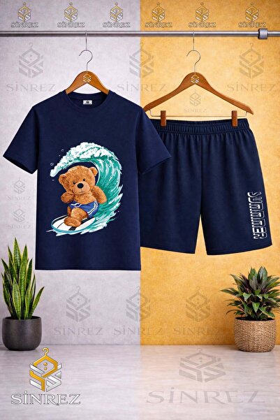 SİNREZ Crew Neck Surf Printed T-Shirt Wearing Bear Shorts - Shorts Set