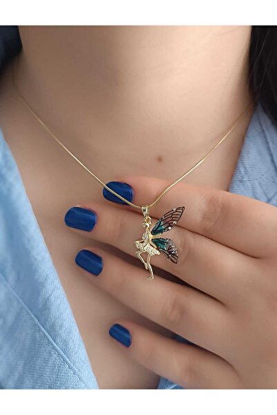 shop 316L Çelik Peri Figürlü Kelebek Kanatlı Kadın Kolye Zirkon Taşlı Gold Zi...