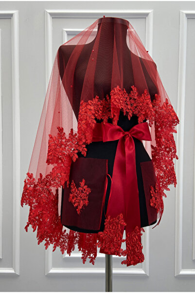 ZEYMERADE Red Bridal Veil Set, Guipure and Pearl Decorated Henna Night Veil A...