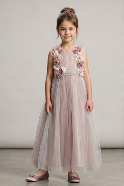 OEM Rochie elegantă de petreceri și serbări, roz, din tulle cu flori aplicate