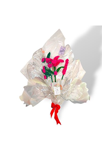 Lucille Craftshop Buchet Handmade Croșetat – Flori Roz cu Frunze Verzi, H53 cm
