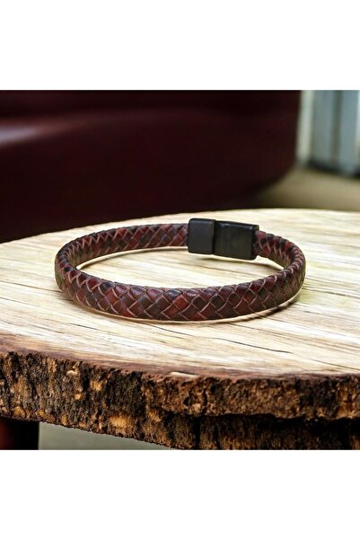 DEHNA Genuine Leather Brown Men's Bracelet with Fine Weave Design and Magnet ...
