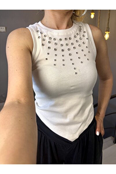 Gözde Tasarım Butik Women's White Color Halter Cutout Sleeveless Premium Ston...