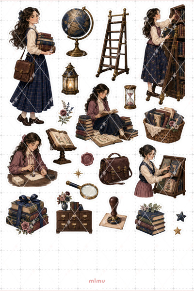 Mimu Art Studio Kütüphaneci Kız Sticker Seti Kitap Vintage Kütüphane Temalı D...