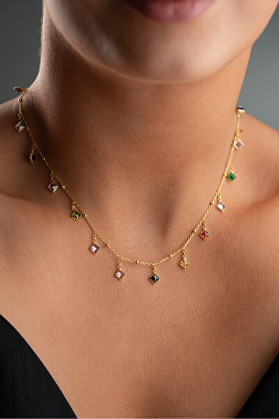 Silvano Jewelry 925 Ayar Gümüş Kare Mix Taşlı Salaş Kolye