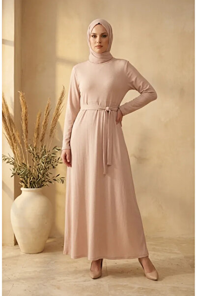 sefamerve Bürümcük Fabric Belted Dress 0509-03 Beige