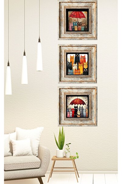 STONEVİVEART Sevimli Kediler 3 Adet 20x 20 cm Doğal Taş Tabloları Duvar Akses...