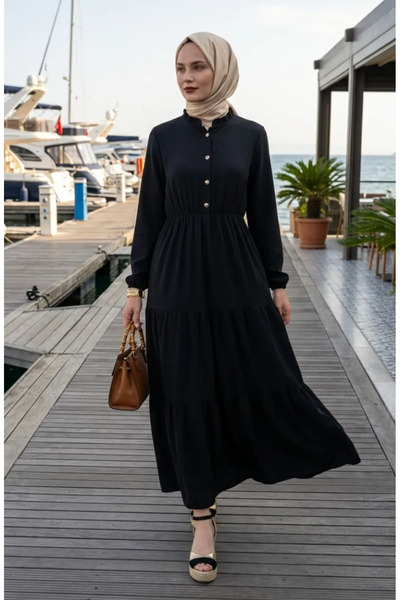 sefamerve Half-Buttoned Elastic Waist Dress 0276-04 Black