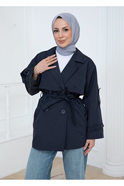 PAVENTİ معطف قصير بأزرار وحزام باللون الأزرق الداكن
