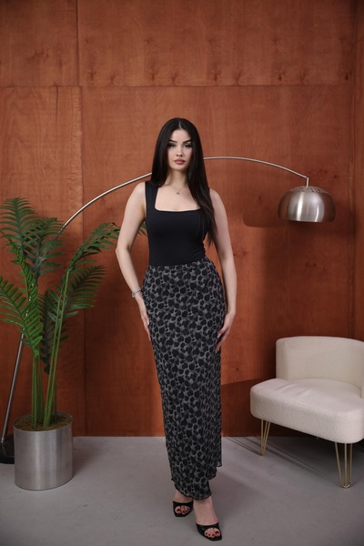 THE WESS Beulwess Women's Maxi Length Elastic Waist Tulle Dark Gray Patterned...