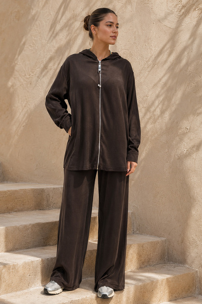 Missemramiss Misemramiss Cupra Zippered Hooded Top and Pants Set 5306 Brown