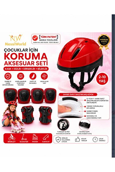 NW NessiWorld Çocuk Kaskı Ve Dizlik, Dirseklik Eldiven Set KIRMIZ/KIRMIZISİYAH