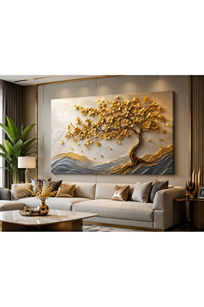 EvimeTablo Gold Ağaç Kanvas Tablo – Modern Lüks Salon Duvar Dekoru