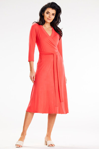 Awama Rochie Midi Dama, Decolte Petrecut, Fusta Evazata, Maneci 3/4, Talie Ev...