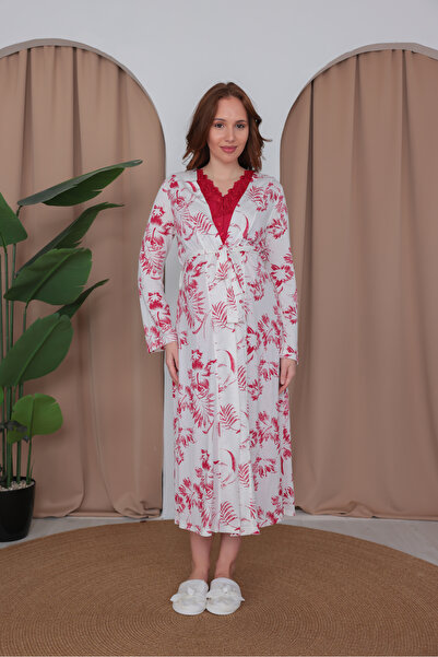 Yulem Homewear طقم ملابس نوم للحوامل من القطن بتصميم دانتيل بلون الكرز - طقم ...