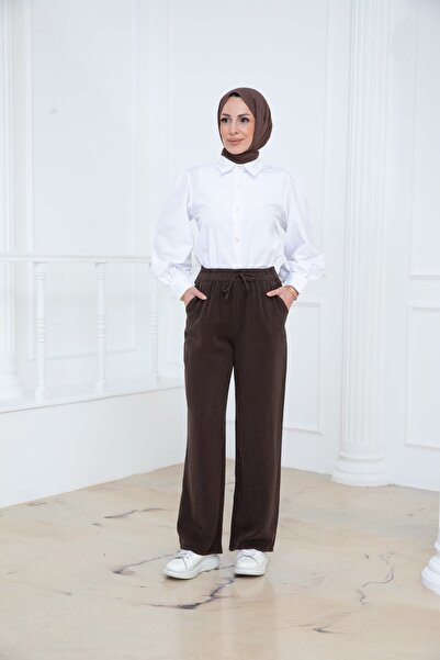 PAVENTİ Elastic Waist Pocketed Tencel Trousers Brown