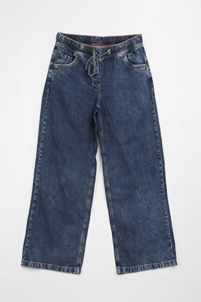blue white Women's High Waist Lace-Up Wide Leg Blue Jean Trousers