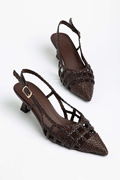 Dilimler Ayakkabı Women's Short Heeled Shoes Brown Knitted Material Pointed S...
