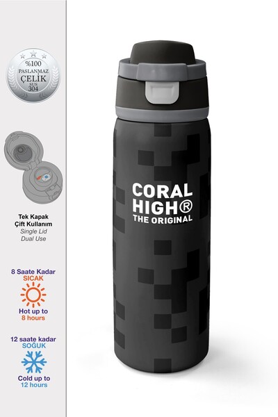 Coral High Black Block Patterned Steel Thermos with Straw and Direct Drinking...