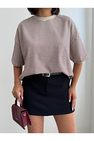 CrepTekstil Crep Kadın Çizgili Oversize Basic Tshirt Mürdüm/Krem