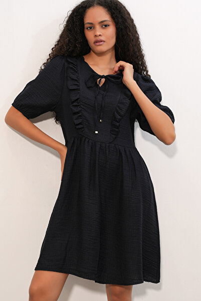 Bigdart Women's Tie Collar Short Sleeve Gathered Dress 2600 - Black