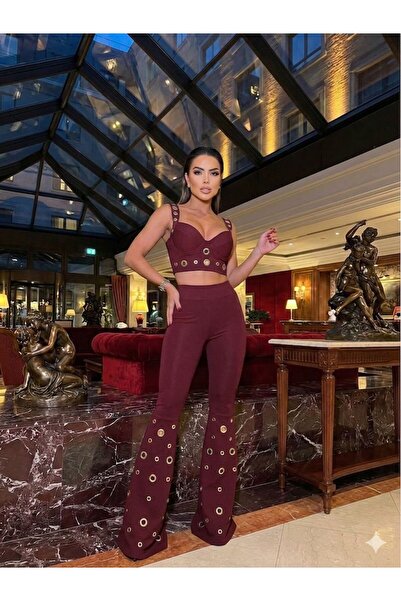 sajarsln Saja Rsln Bird's Eye Detailed Two-Piece Set Spanish Flared Pants Str...