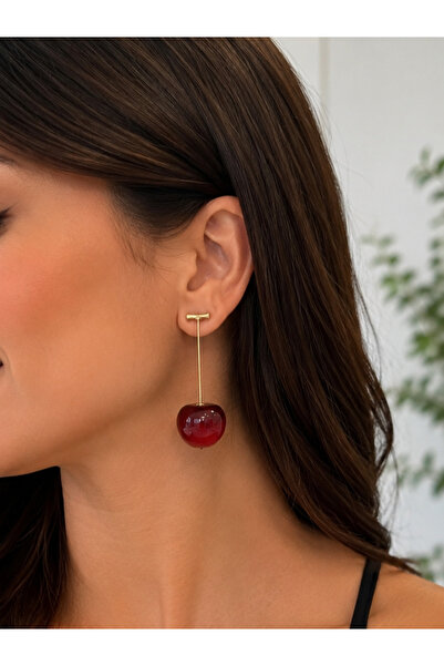 ANKA JEWELLRY Red Cherry Design Hanging Gold Steel Women's Earrings