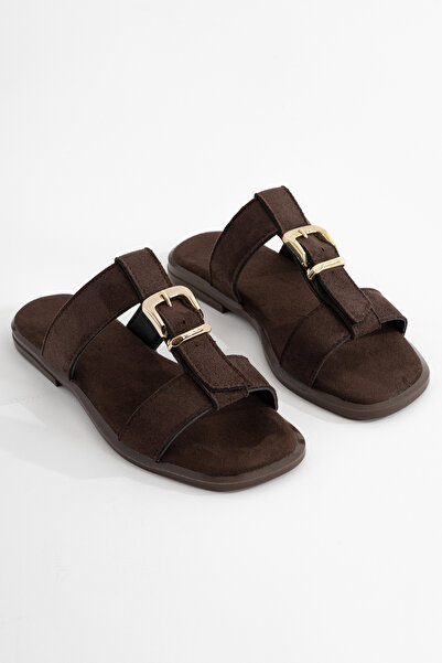 LEVONYA Gala Women's Black Suede Buckle Detailed Comfortable Daily Slippers