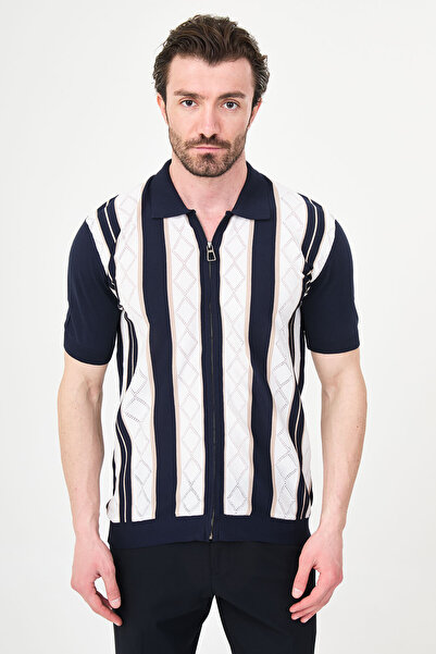 Mcr Patterned Slim Fit Polo Collar Zippered Short Sleeve Men's Knitwear T-Shi...