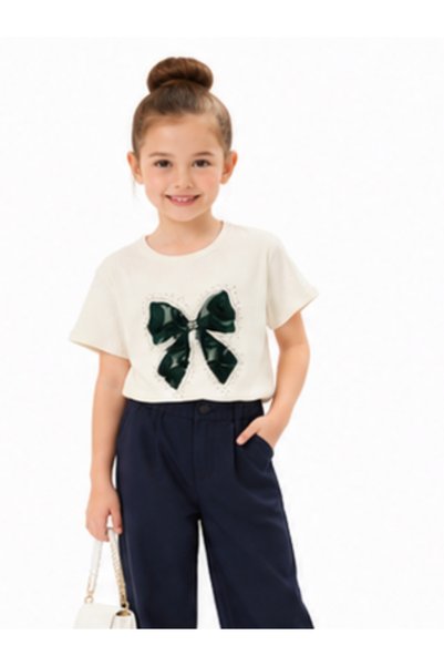 trikomode Tricou elegant pentru fete cu detaliu fundita, din bumbac pieptănat